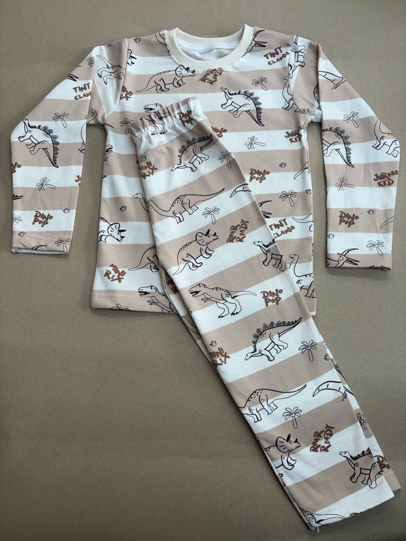 This cozy beige and white striped with dinosaur print-Premium winter wears LoopKnit