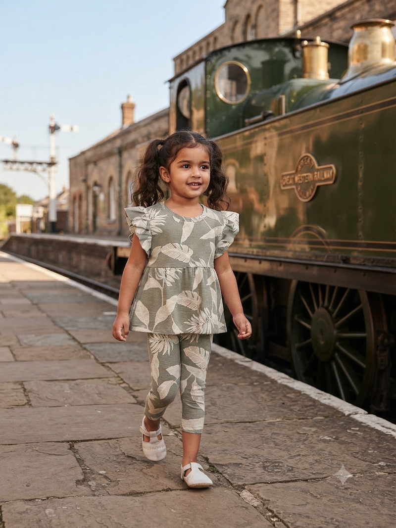 Grey with leaves, peplum co - ord girls set Sep