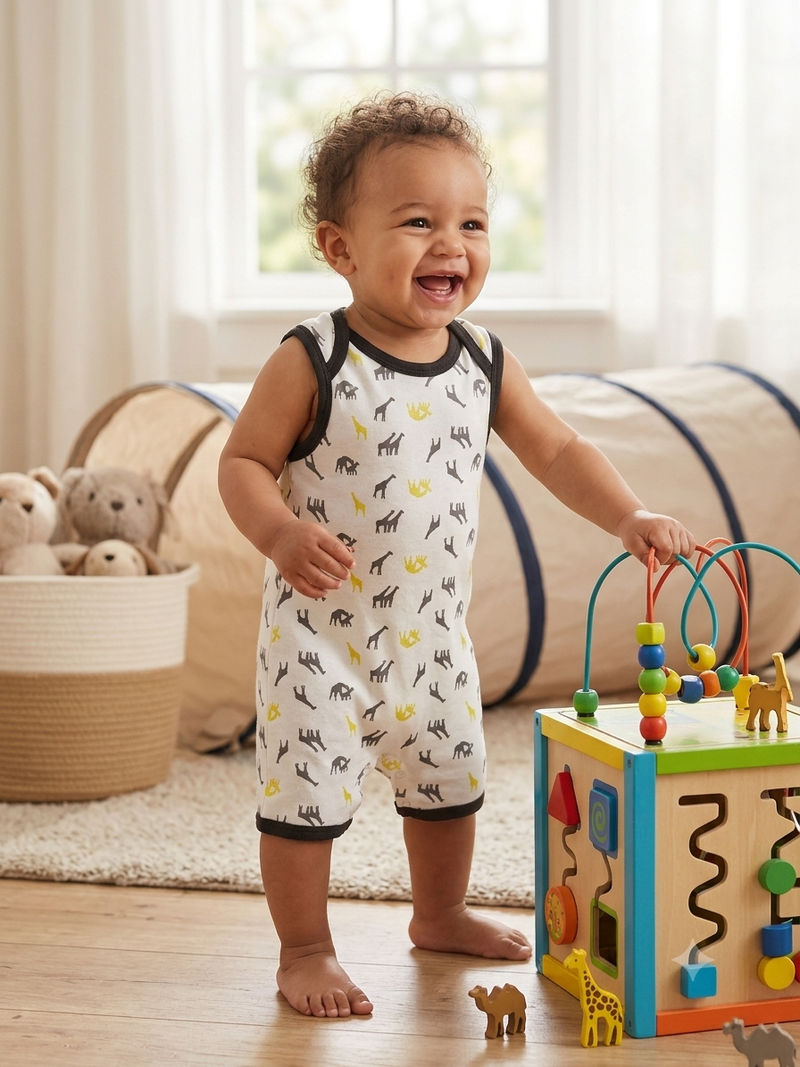 White with giraffe- baby half Jumpsuit