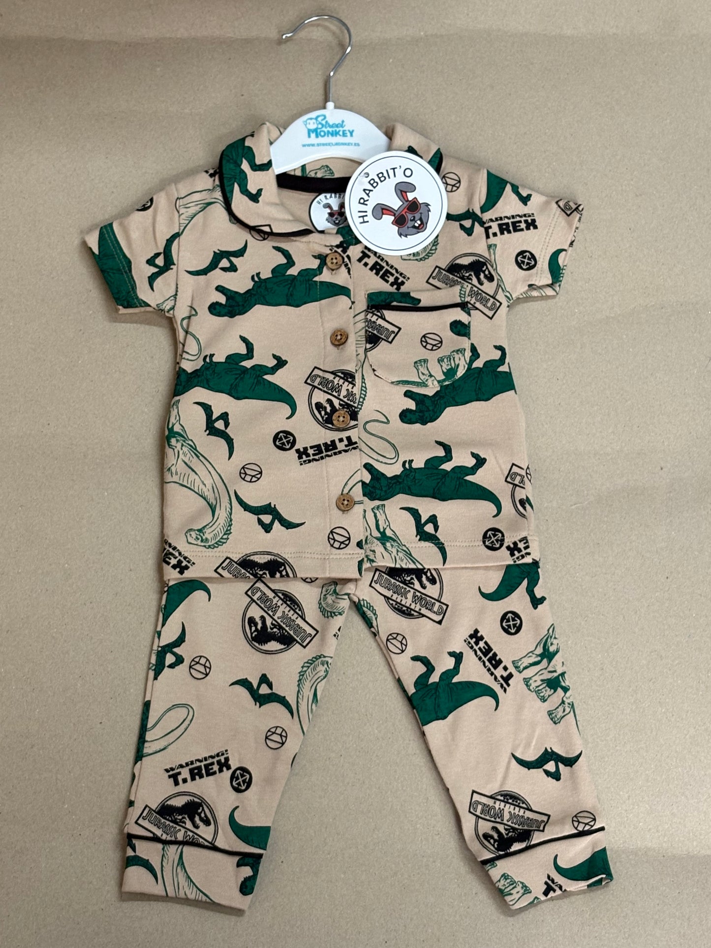 Beige and green dinosaur 🦖 - Baby Collar Night Suits