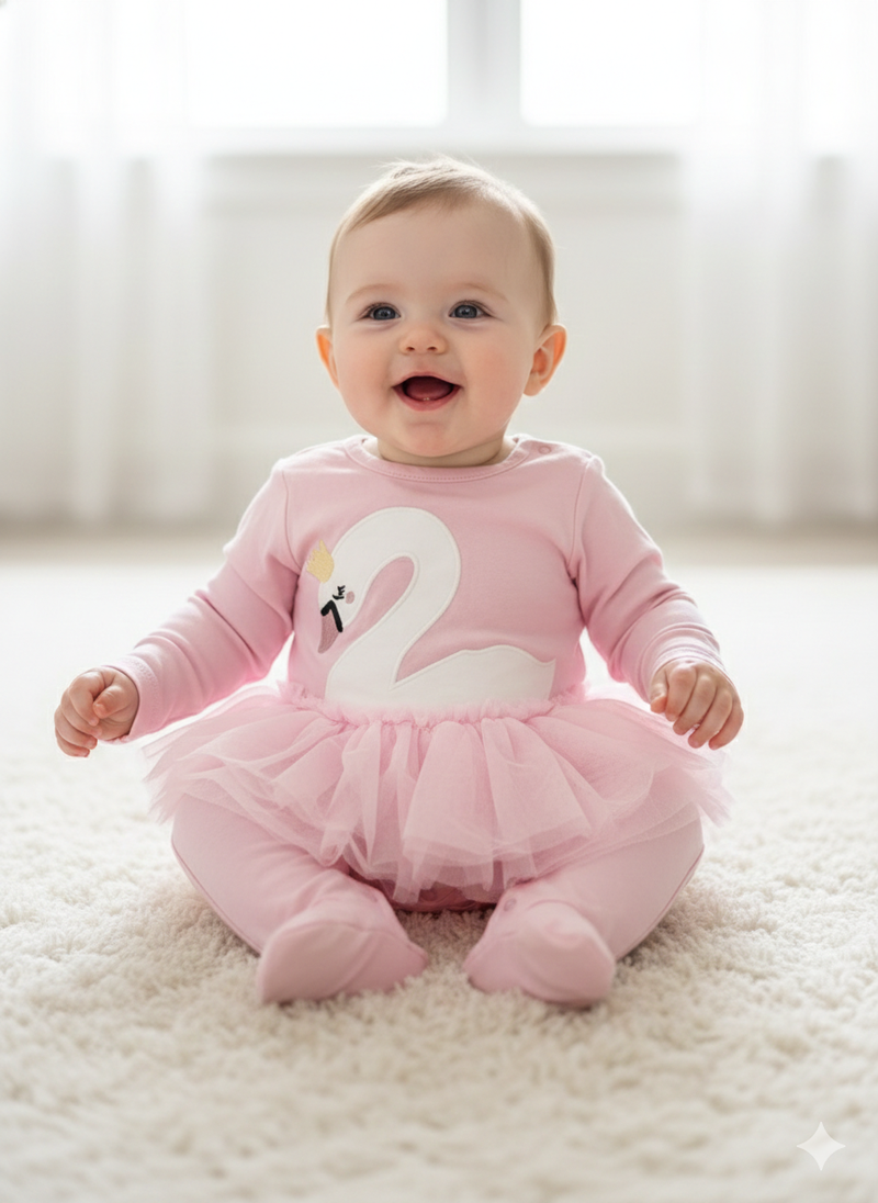 Pink  with  white swan - Onesies full frock