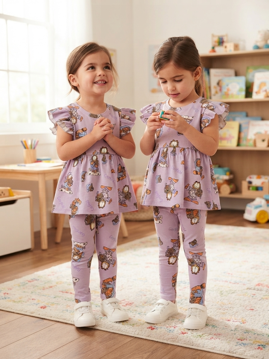 Light purple Garfield print 21/8-Peplum Girls set