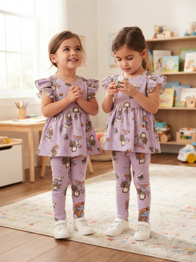 Light purple Garfield print 21/8-Peplum Girls set
