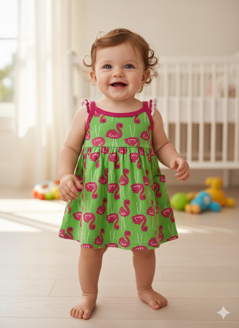Green  with pink swan Baby Sleeveless Frock