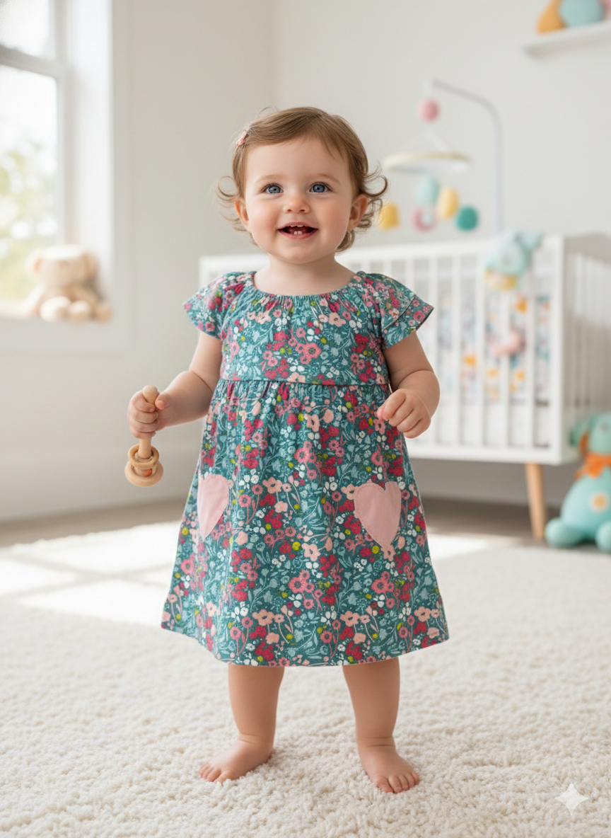 Green floral with pink heart -Baby Half Sleeve frock