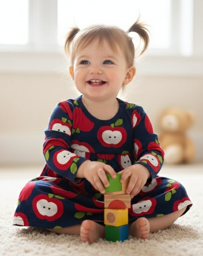 Navy with red apple-baby full sleeve frock