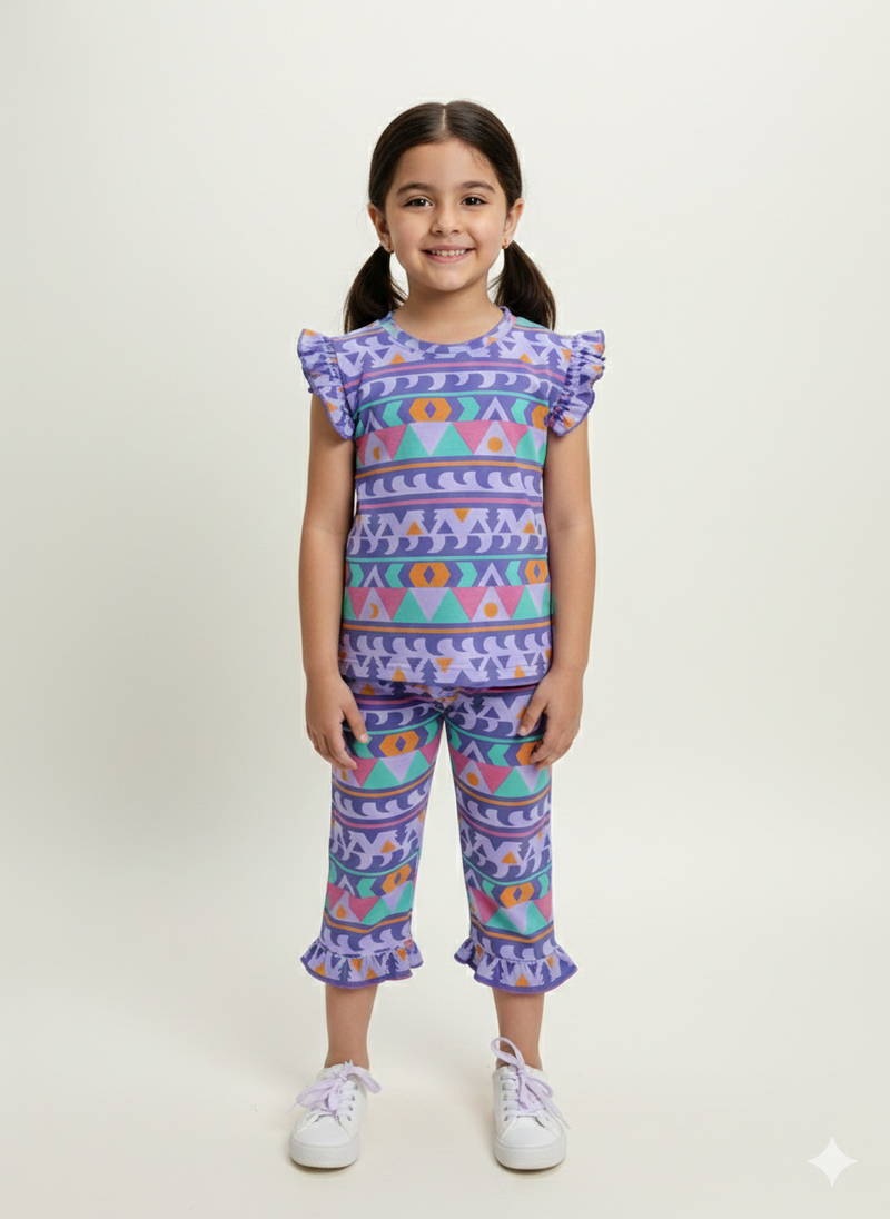 Purple, teal, pink, and orange -Sleeveless 3/4 Set