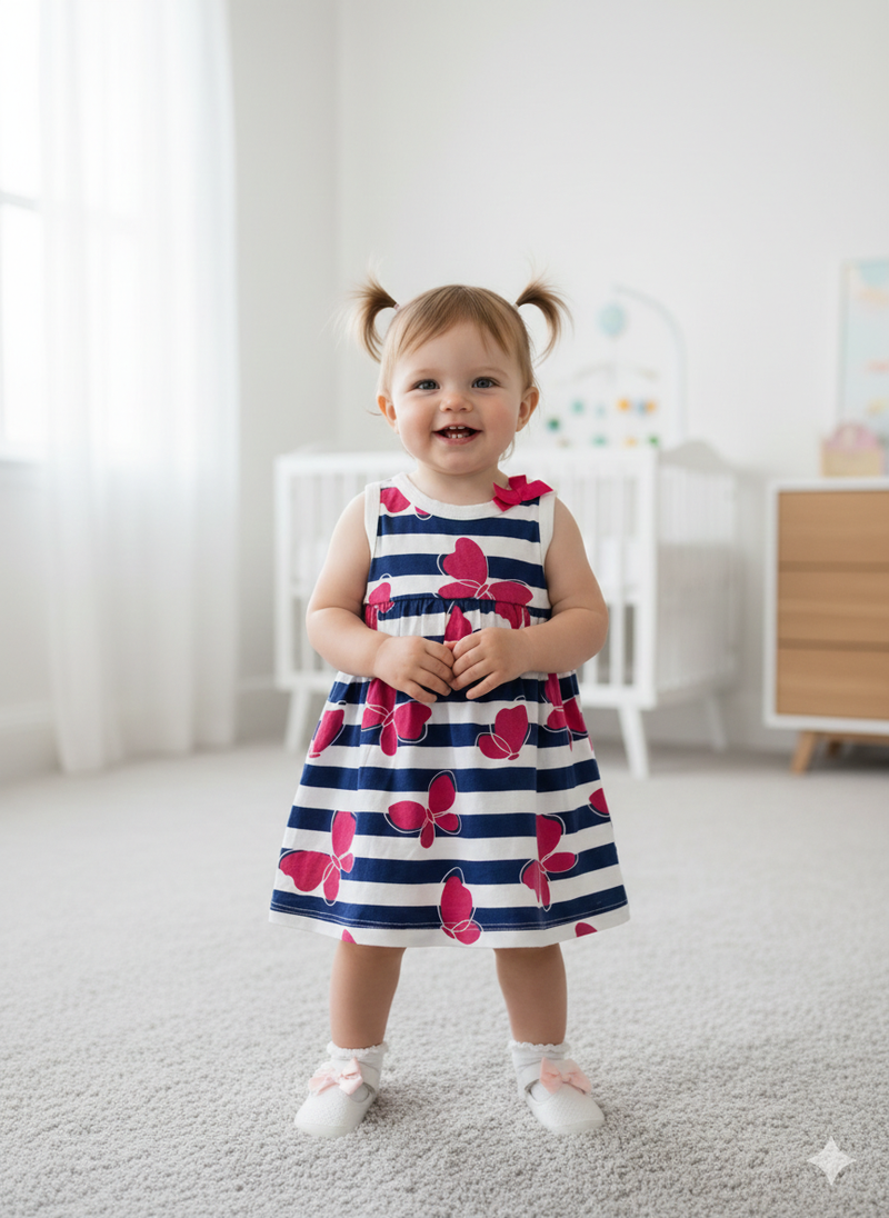 Navy with pink  butterfly -Baby Sleeveless Frock