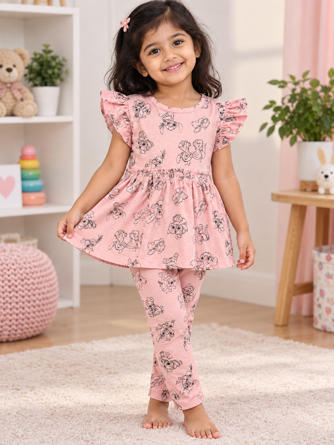 Light  pinky  Character Multi Colour Peplum Co-ord Girls Sets.