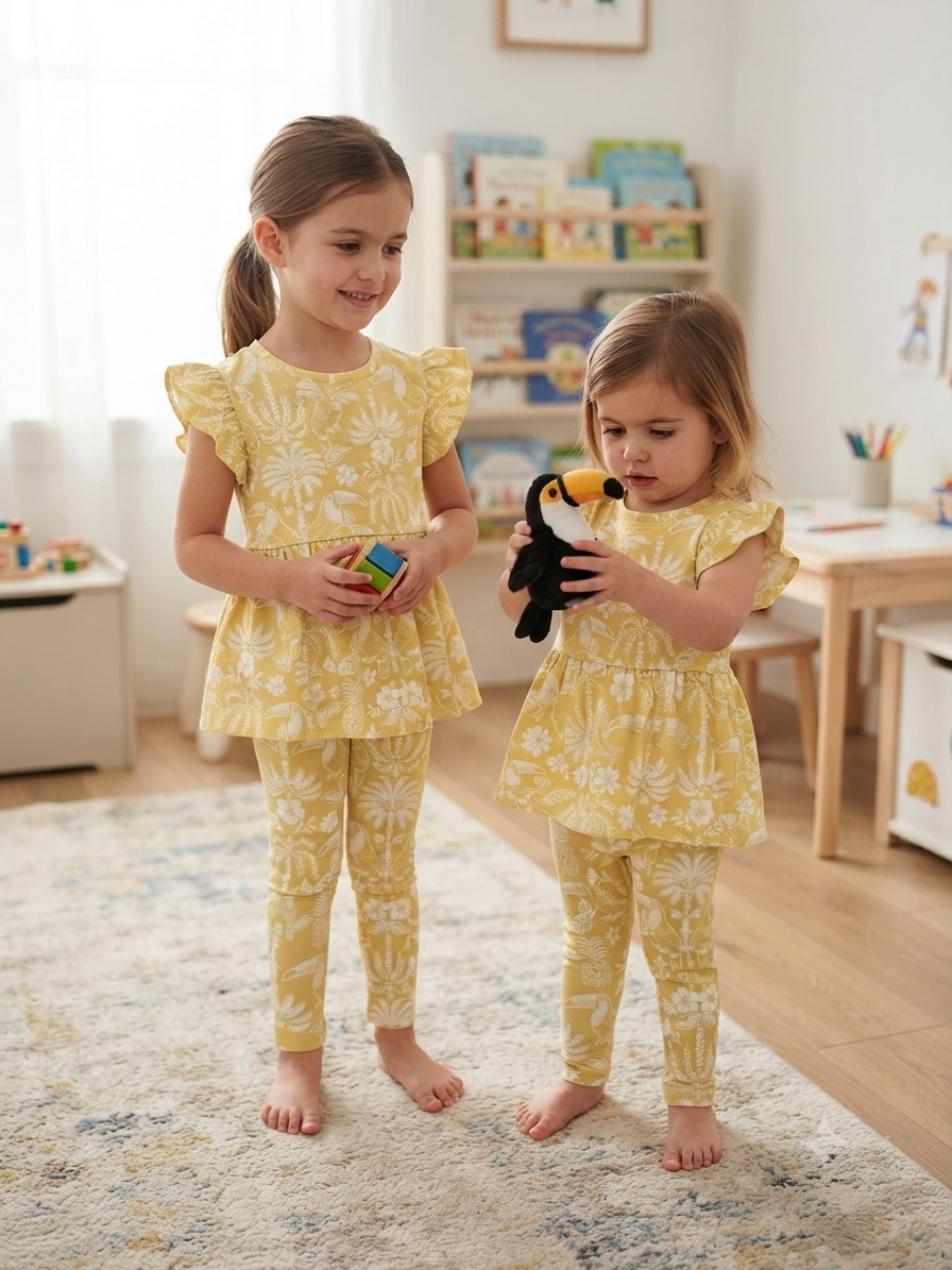 Mustard yellow and white tropical print21/8-Peplum Girls set