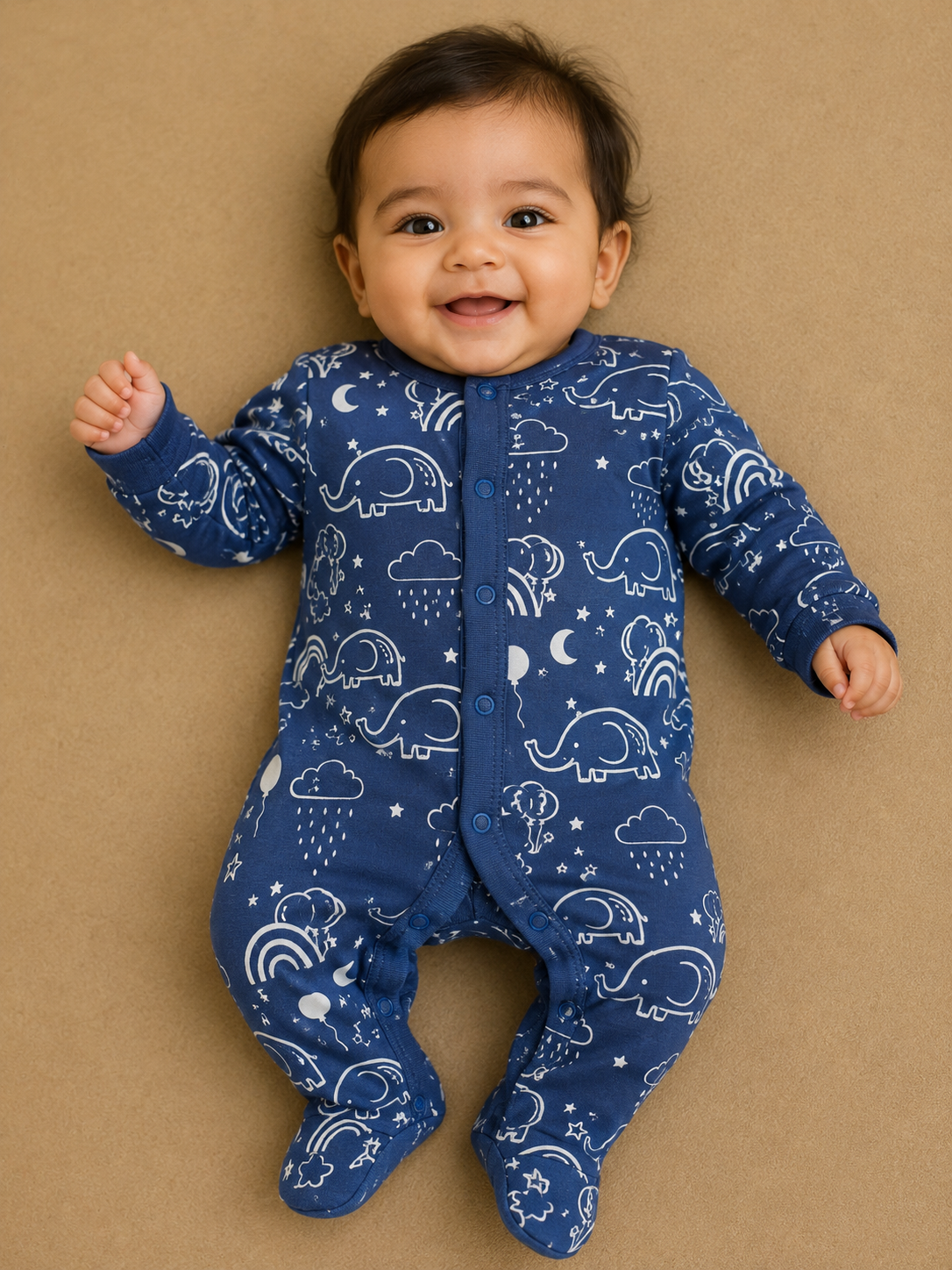 navy blue elephant  rainbow Baby Jumpsuits
