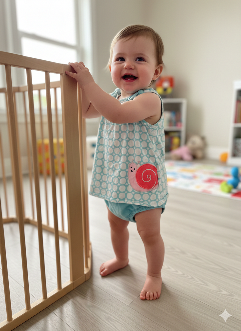 Sky blue with snail- onesies frock
