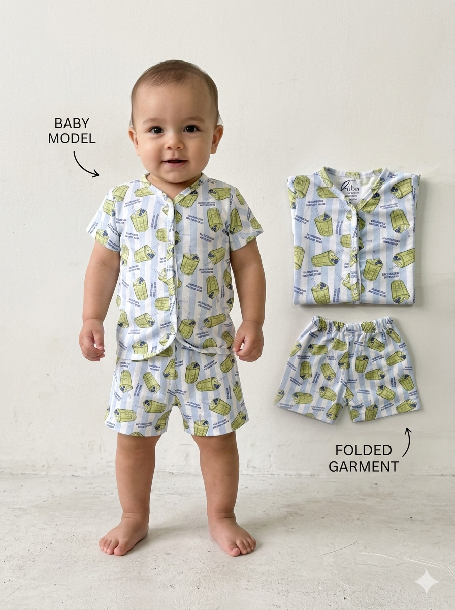 BLUEBERRY MATCHA CLUB -Half Sleeve Jabla Short Sets