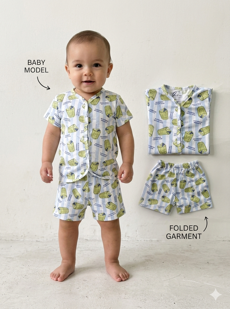 BLUEBERRY MATCHA CLUB -Half Sleeve Jabla Short Sets