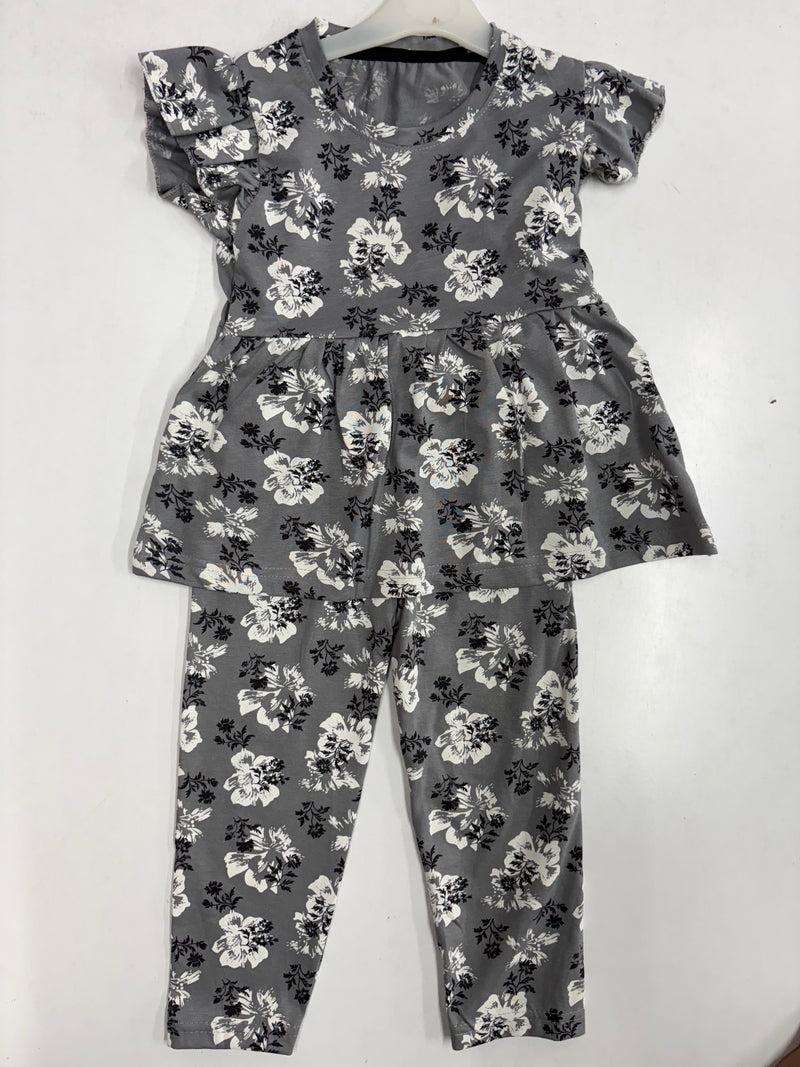 Cement grey with the white flower, peplum co - ord girls set Sep