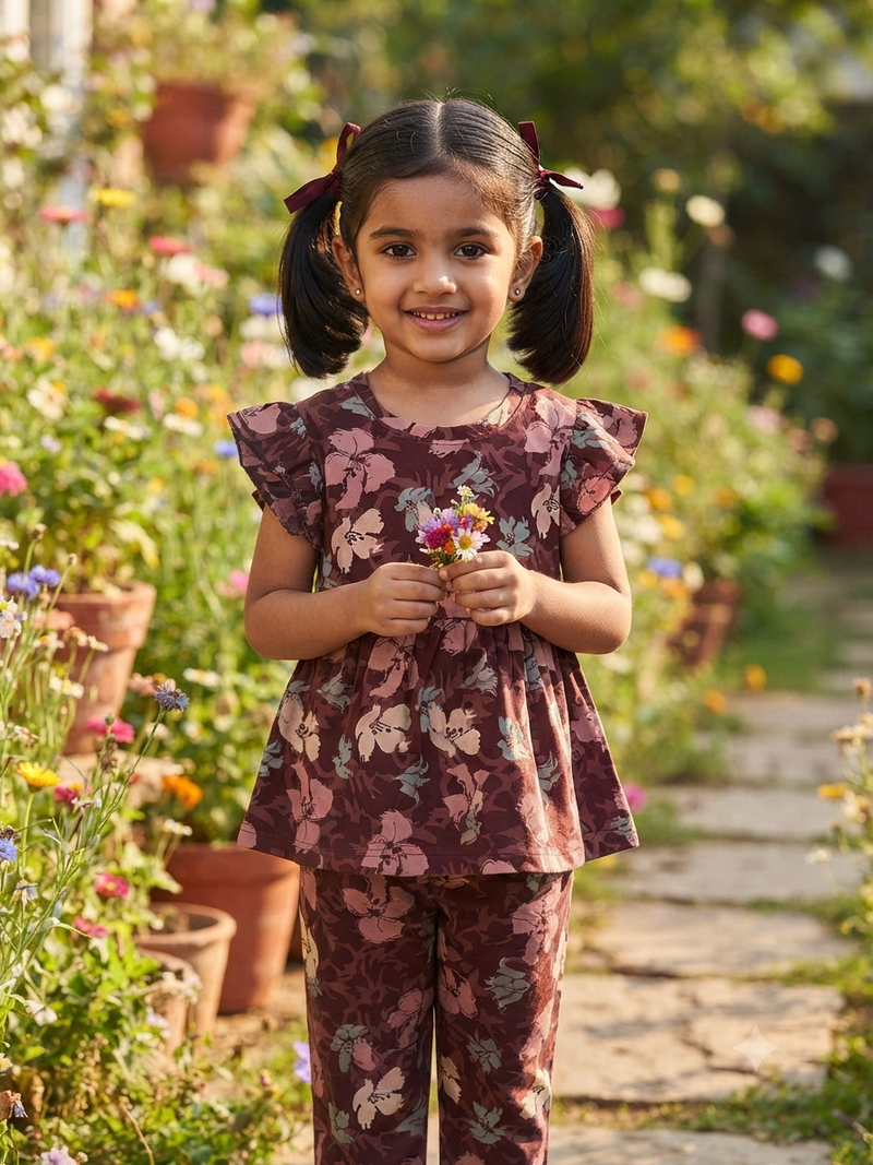 Maroon with pink and off-white floral Peplum Co-Ord Girls Set