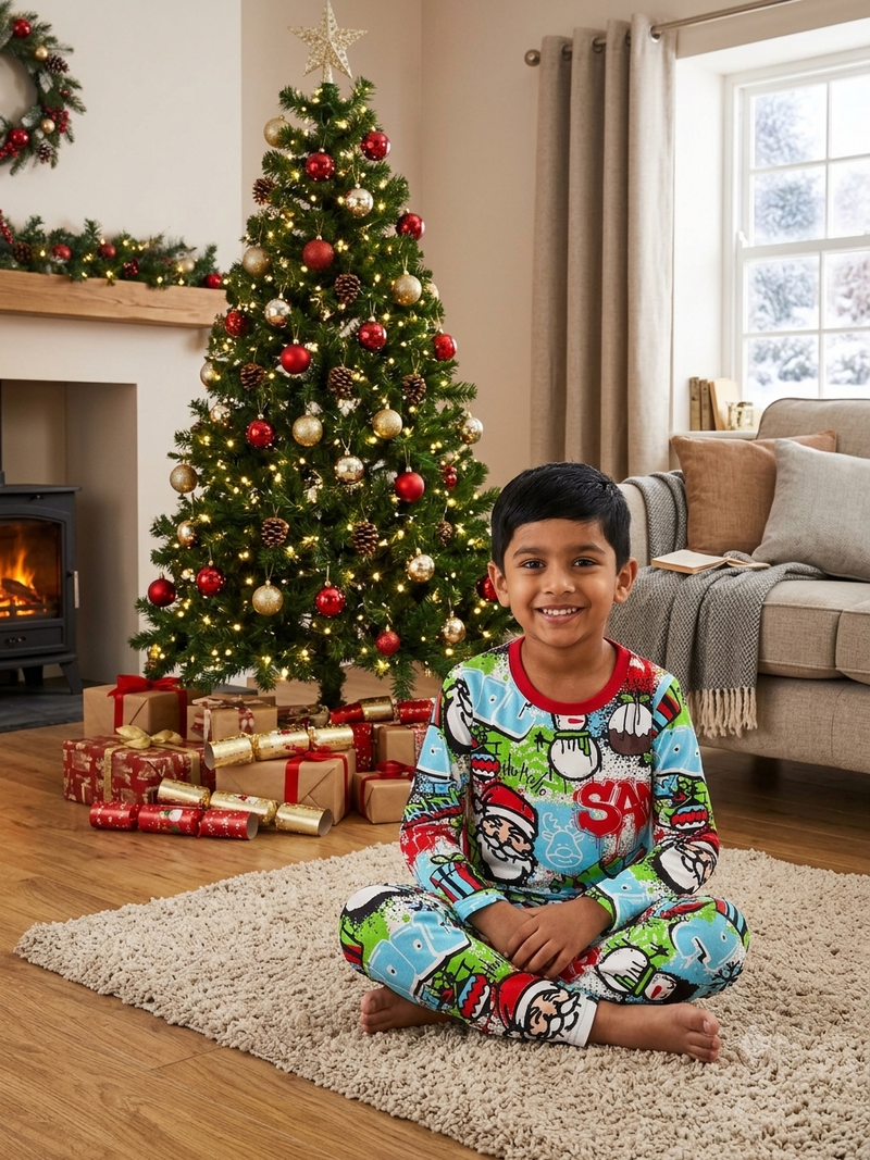Christmas Graffiti Santa & Snowman Print Pyjama Set