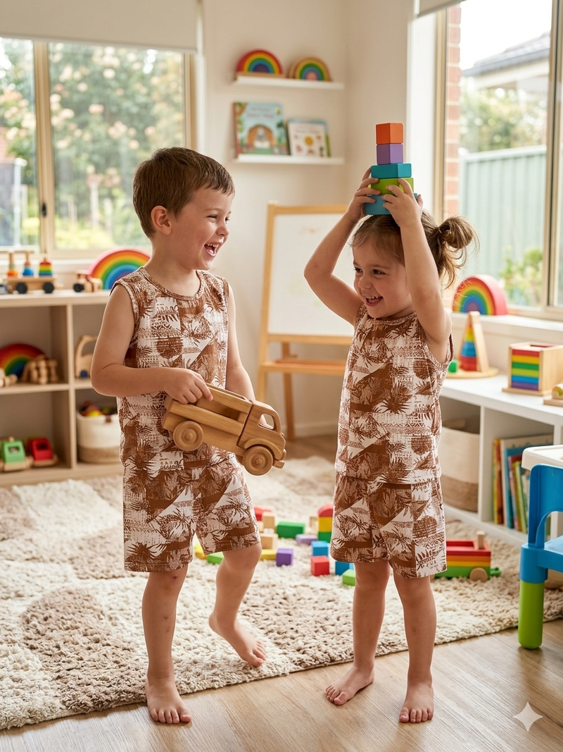 This is a Tav Pacific Rahiti singlet featuring a brown and white tropical print -Sleeveless co-ords