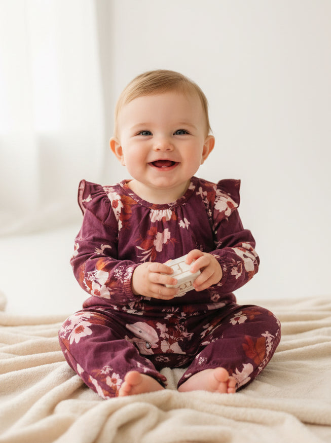 Maroon with pink flowers 🌷 - Baby Jumpsuit