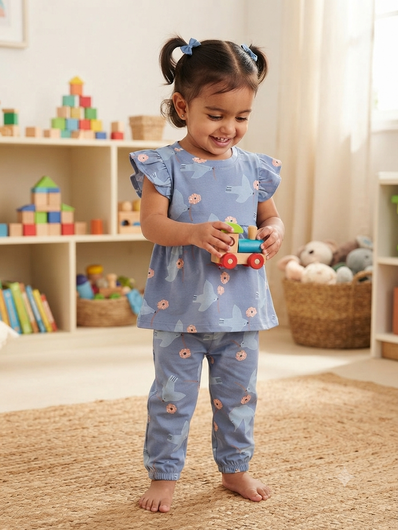 Blue with Bird and flower print with charming ruffled short sleeves -Girls set