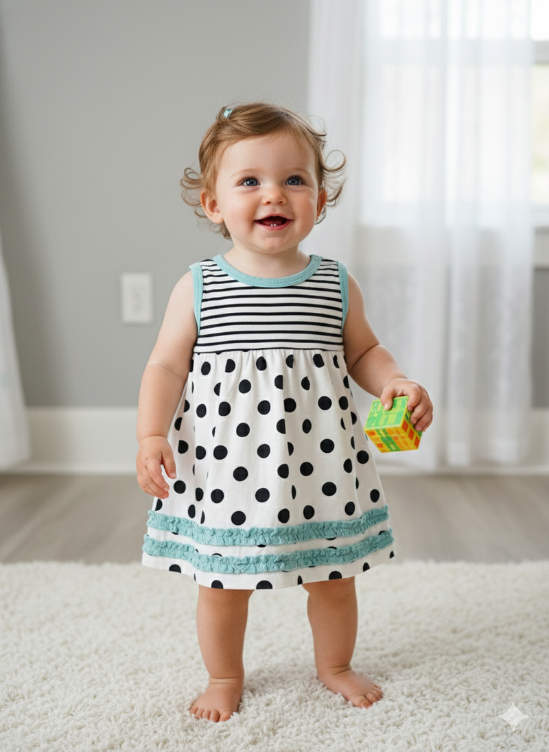 Sky blue with black dot -Baby Sleeveless Frock