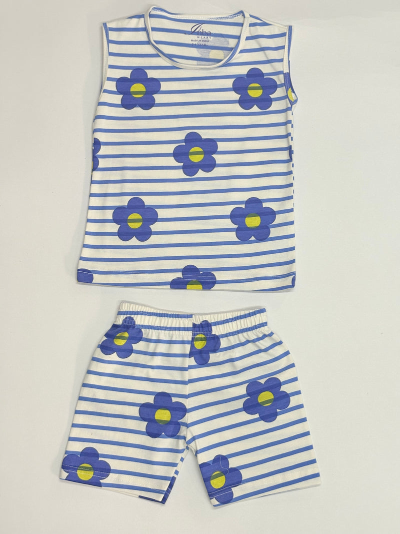 White with blue flowers -Sleeveless co-ords