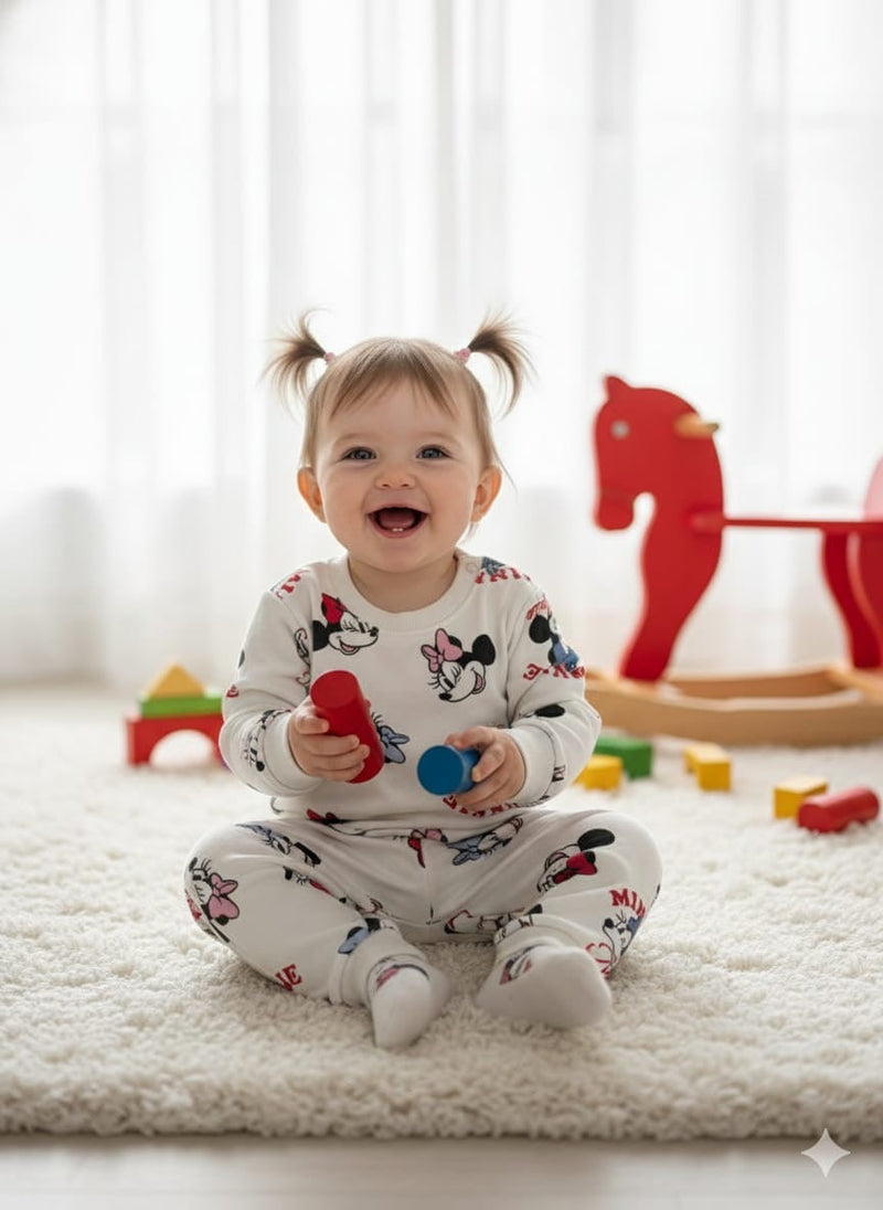 White with Minnie Mouse Baby Co-ord sets Full  Sleeve-6(snap button)