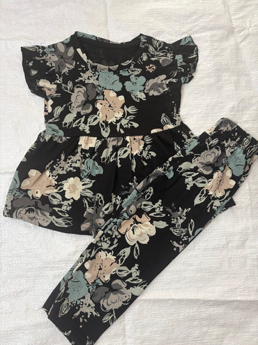 Black base with yellow and green floral Peplum Co-Ord Girls Set