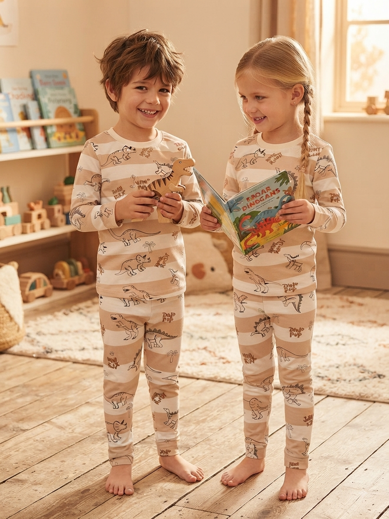 This cozy beige and white striped with dinosaur print-Premium winter wears LoopKnit