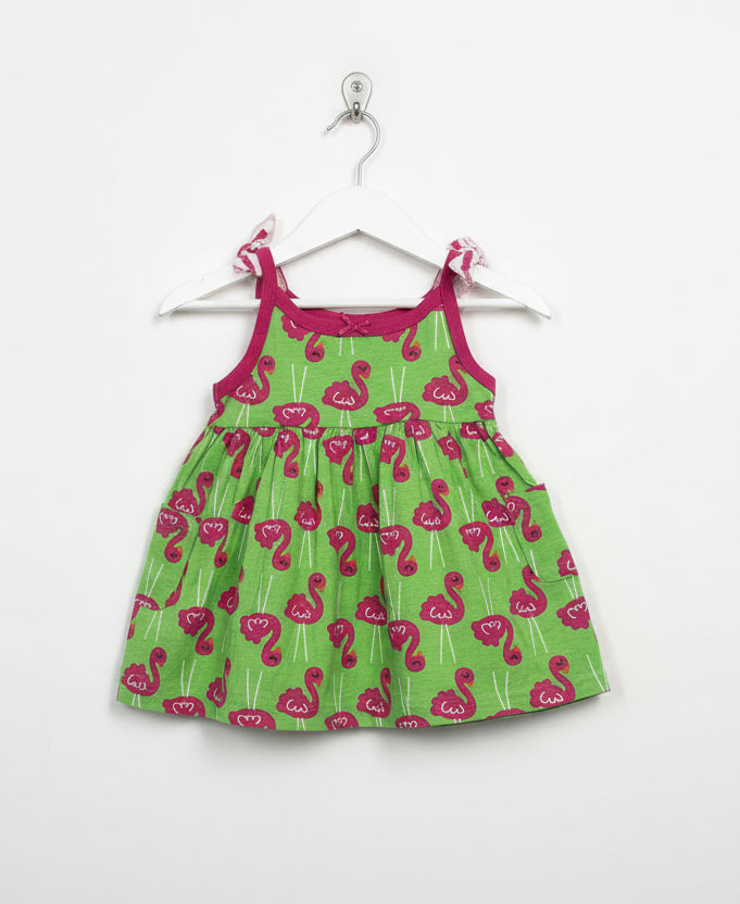 Green  with pink swan Baby Sleeveless Frock