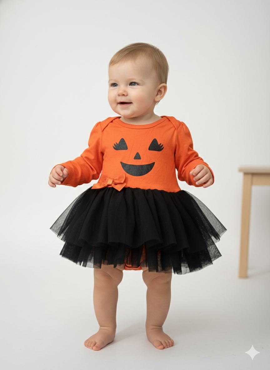 Orange with black -Onesies net full sleeve frock