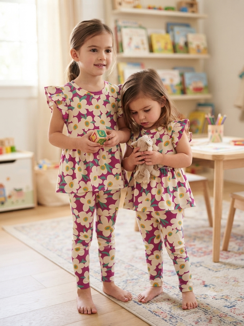 Vibrant magenta and white retro floral print21/8-Peplum Girls set