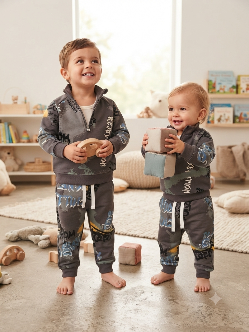 Grey kids' tracksuit featuring an all-over multi-colored graffiti and text print- Baby winter set