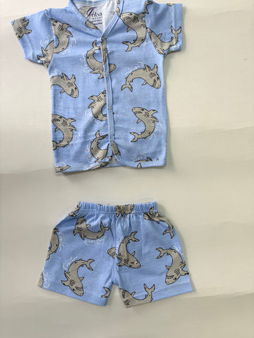Blue with Shark -Half Sleeve Jabla Short Sets