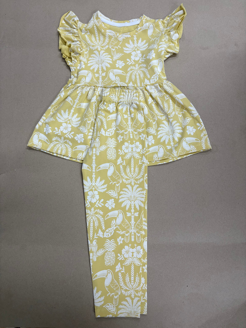 Mustard yellow and white tropical print21/8-Peplum Girls set
