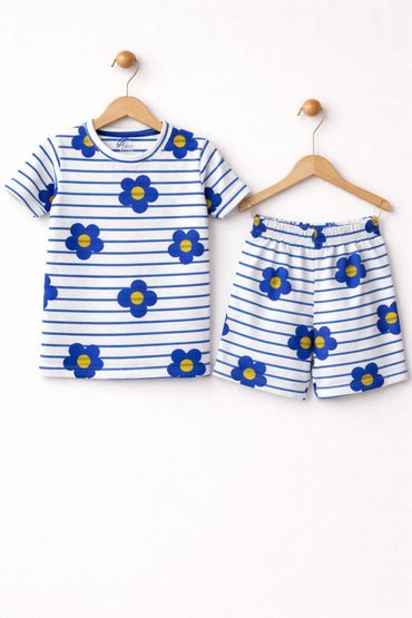 White stripe with Blue-Half sleeve Shorts Set