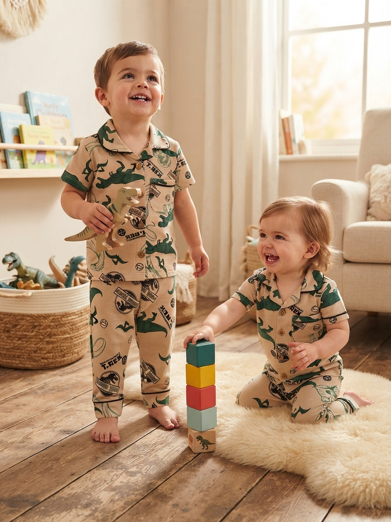Beige and green dinosaur 🦖 - Baby Collar Night Suits