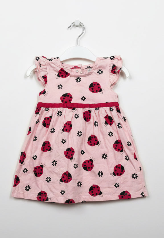 Pink with red bug-Sleeveless Frock