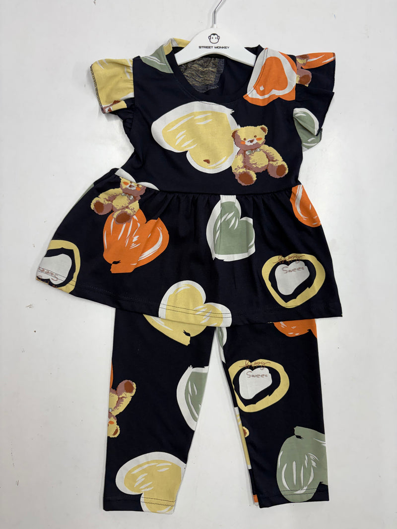 Black with multi heart, peplum co - ord girls set Sep