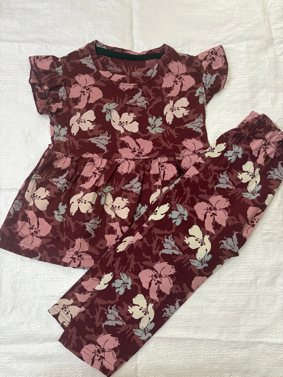 Maroon with pink and off-white floral Peplum Co-Ord Girls Set
