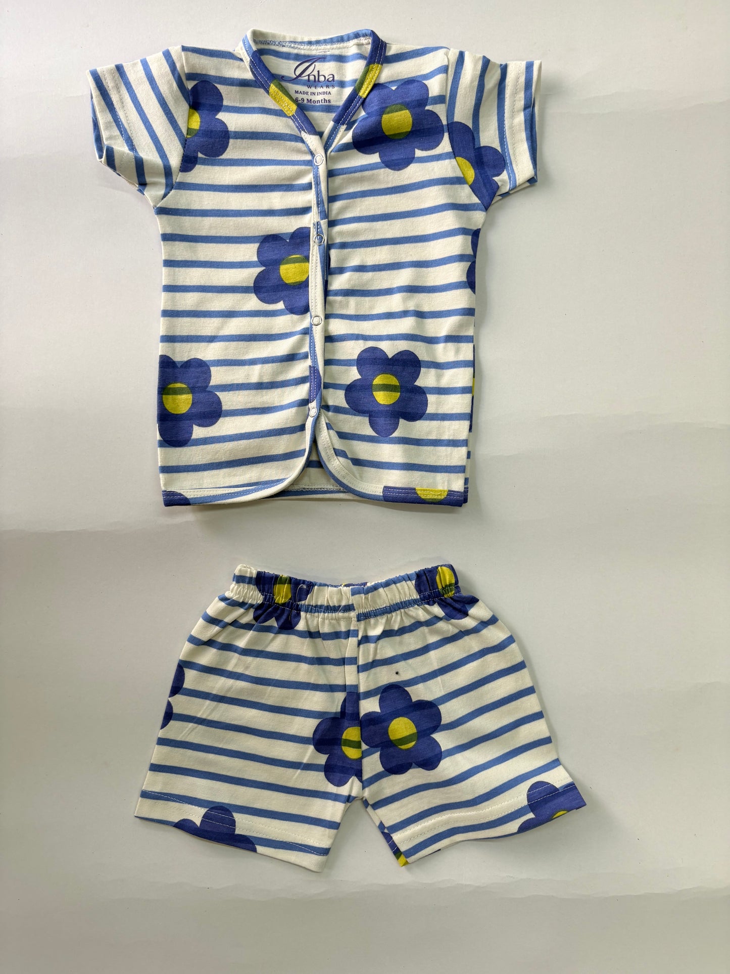 Stripes with blue and yellow flower -Half Sleeve Jabla Short sets