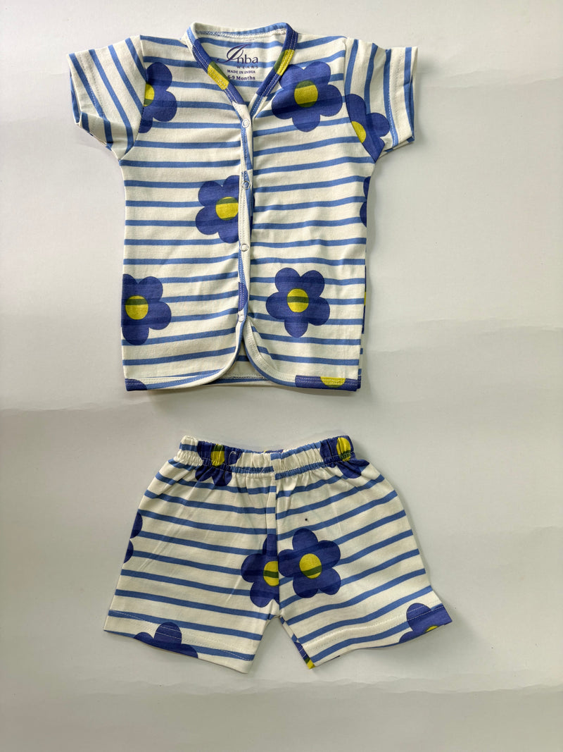Stripes with blue and yellow flower -Half Sleeve Jabla Short sets