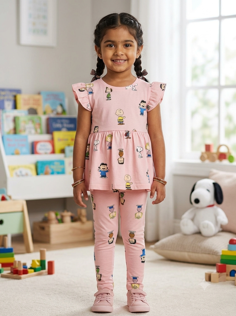 Girls Light Pink Peanuts peplum Co-Ord Girls Set