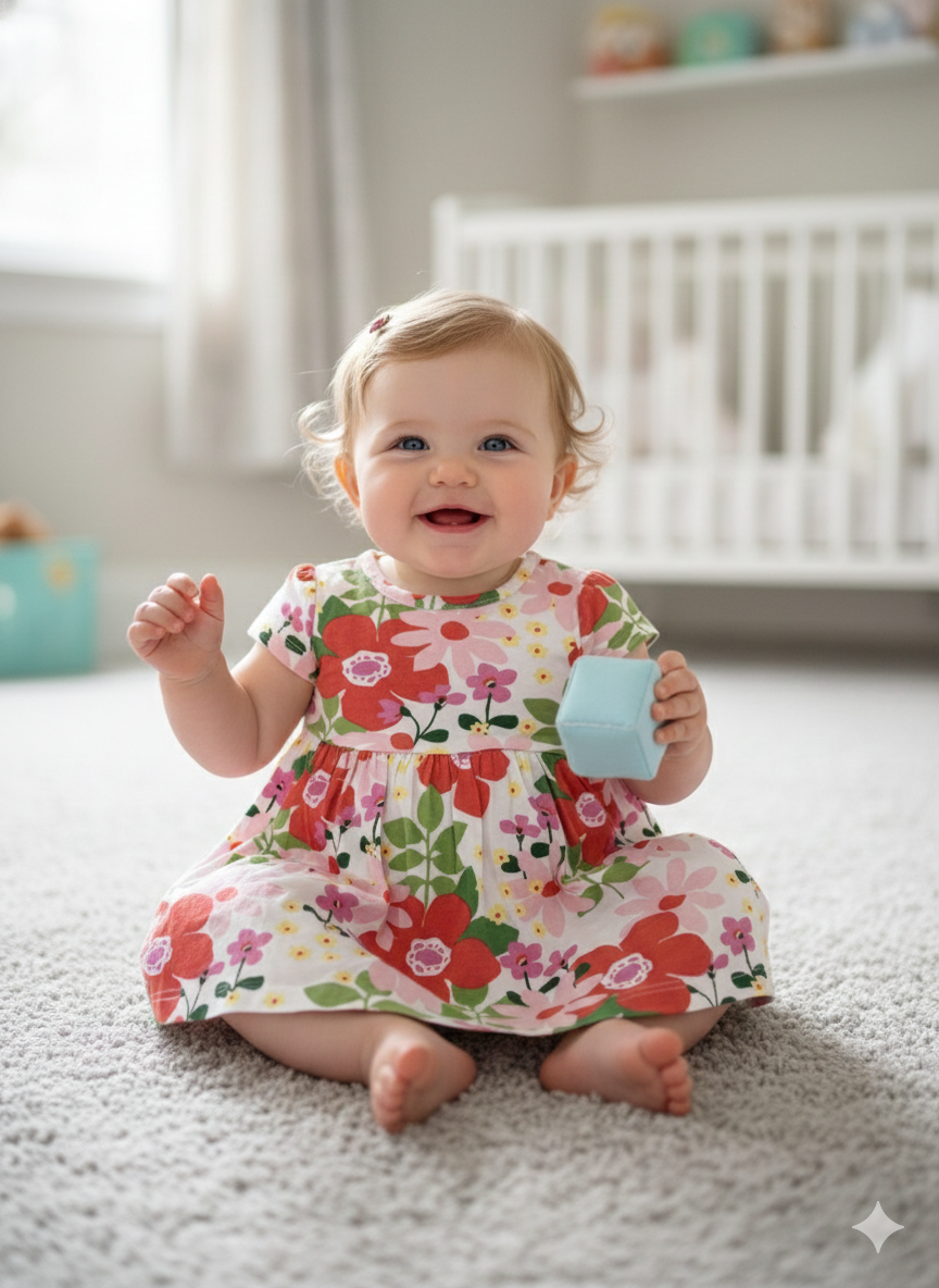 White with  pink & red flowers-Onesies   frock