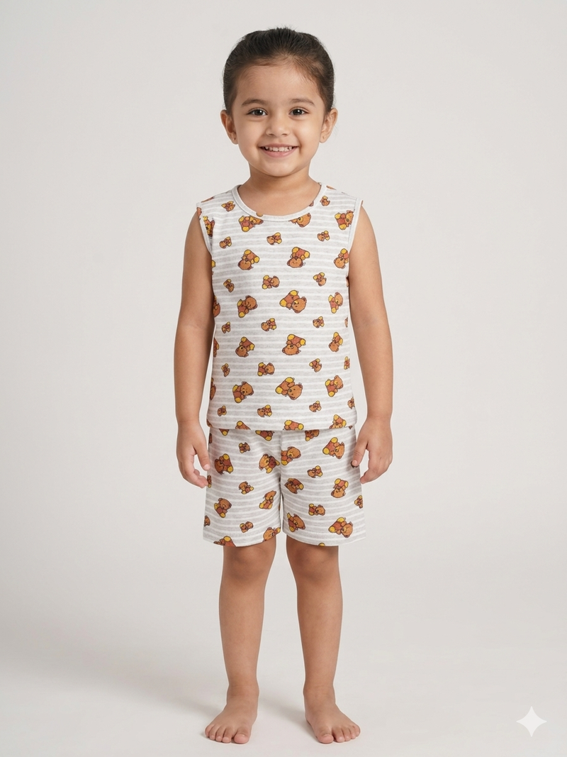 White with brown teddy 🐻-Sleeveless co-ords