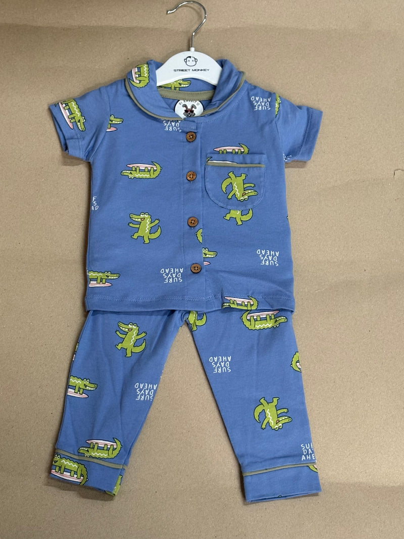 Green surfing alligator print- Baby Collar Night Suits