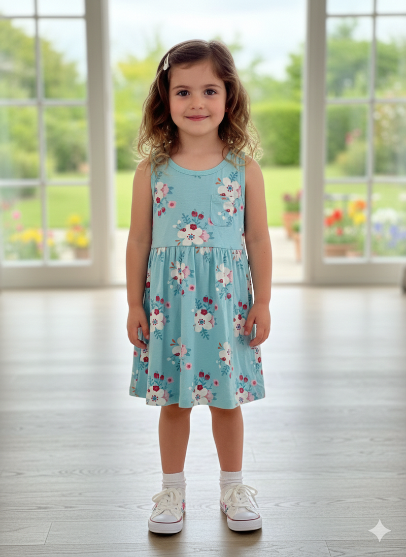 sky blue flower with packet-Frock