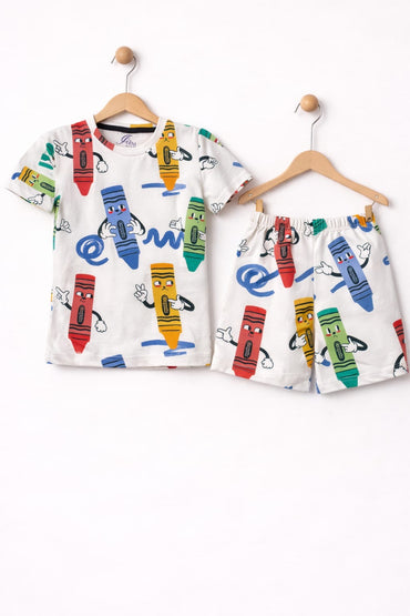White crayola-Half sleeve Shorts Set