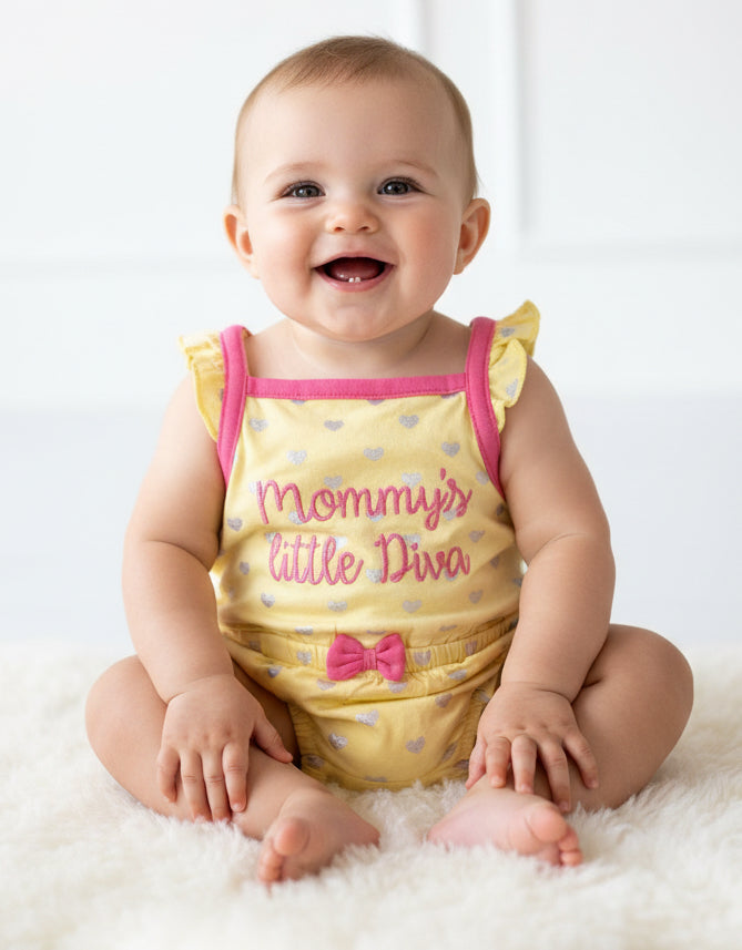 Yellow & hearts with mommy’s little diva -Baby Romper
