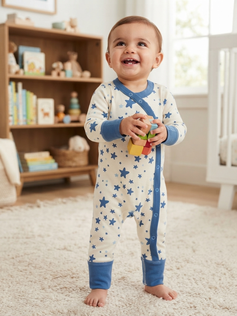Half white with blue stars 🌟 (snap button)-Baby Jumpsuits